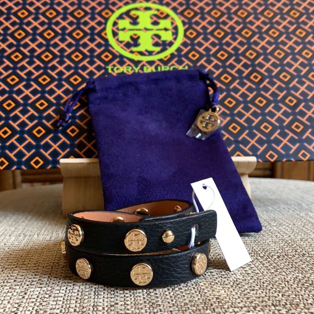 Tory Burch Double-Wrap Logo Stud Bracelet Black